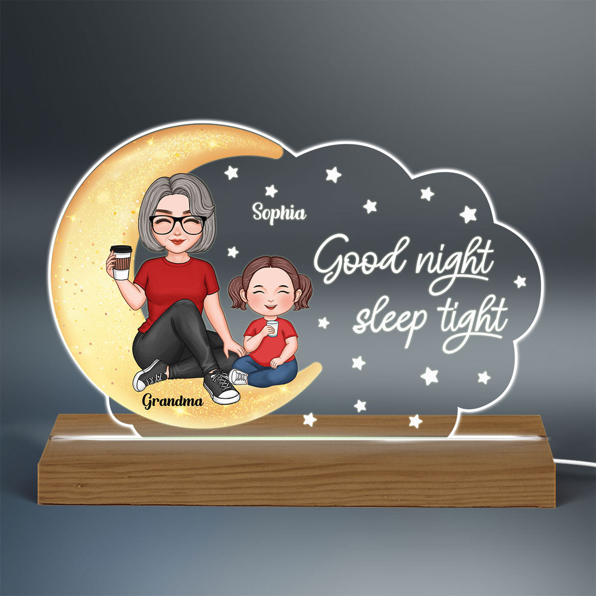 Cute Grandma Grandkid Sitting On Moon Cloud Stars Goodnight Personalized Acrylic Plaque With LED Night Light