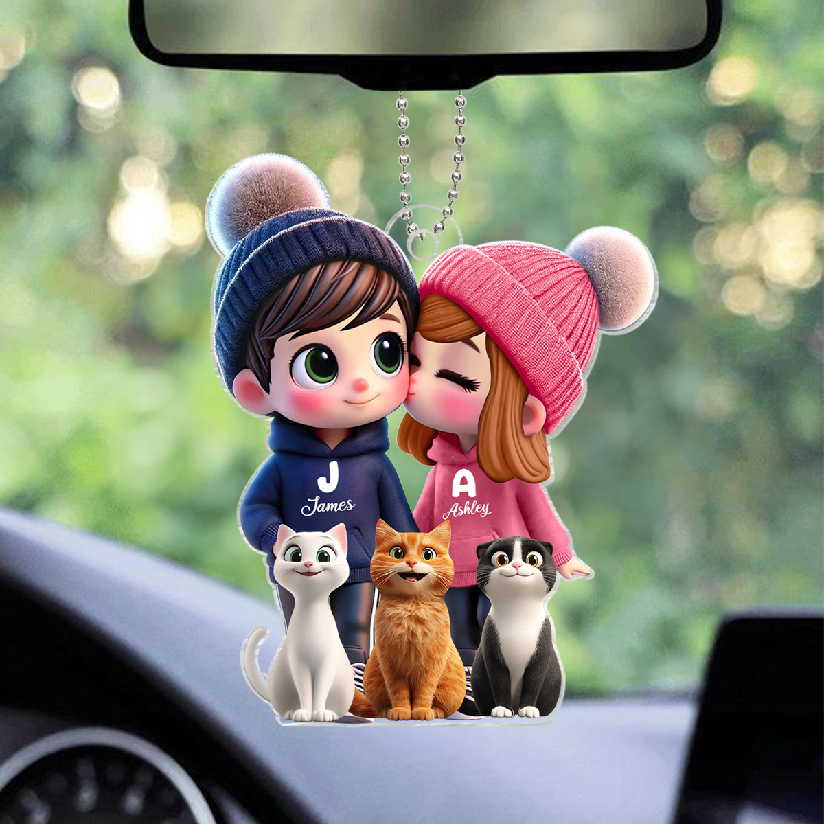 3D Effect Cute Cartoon Couple And Cats Personalized Car Ornament, Perfect Gift for him, Gift for her
