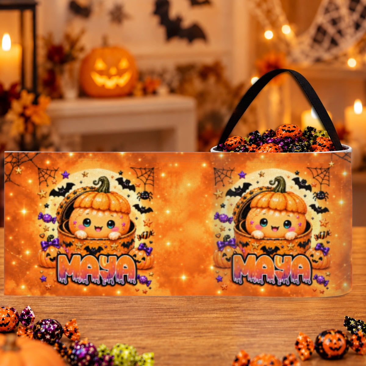 Kawaii Cute Halloween Dumpling - Personalized LED Trick or Treat Bucket - Custom Name Treat Bucket for Kids