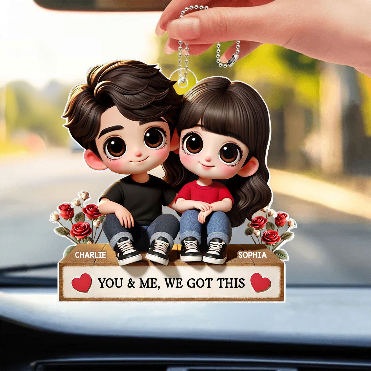 3D Effect Cartoon Couple Sitting Next To Each Other Personalized Acrylic Car Hanger, Anniversary  Gift for him, Gift for her