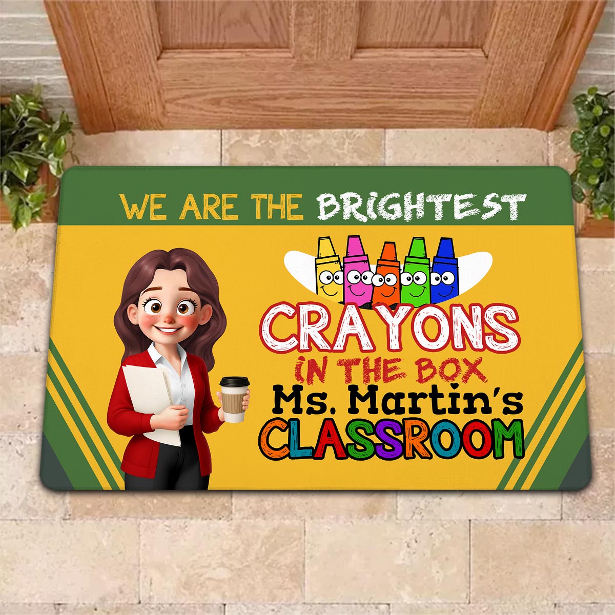 Crayon Box We're The Brightest Crayons Cute Cartoon Teacher Personalized Doormat