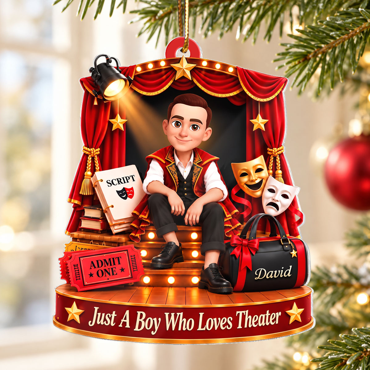 Just a Boy Who Loves Theater - Personalized Acrylic Ornament - Christmas Gift for Son, Grandson