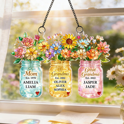 Mom Grandma Greatgrandma Flower - Personalized Acrylic Window Hanging - Heartfelt Gift for Mom, Grandma