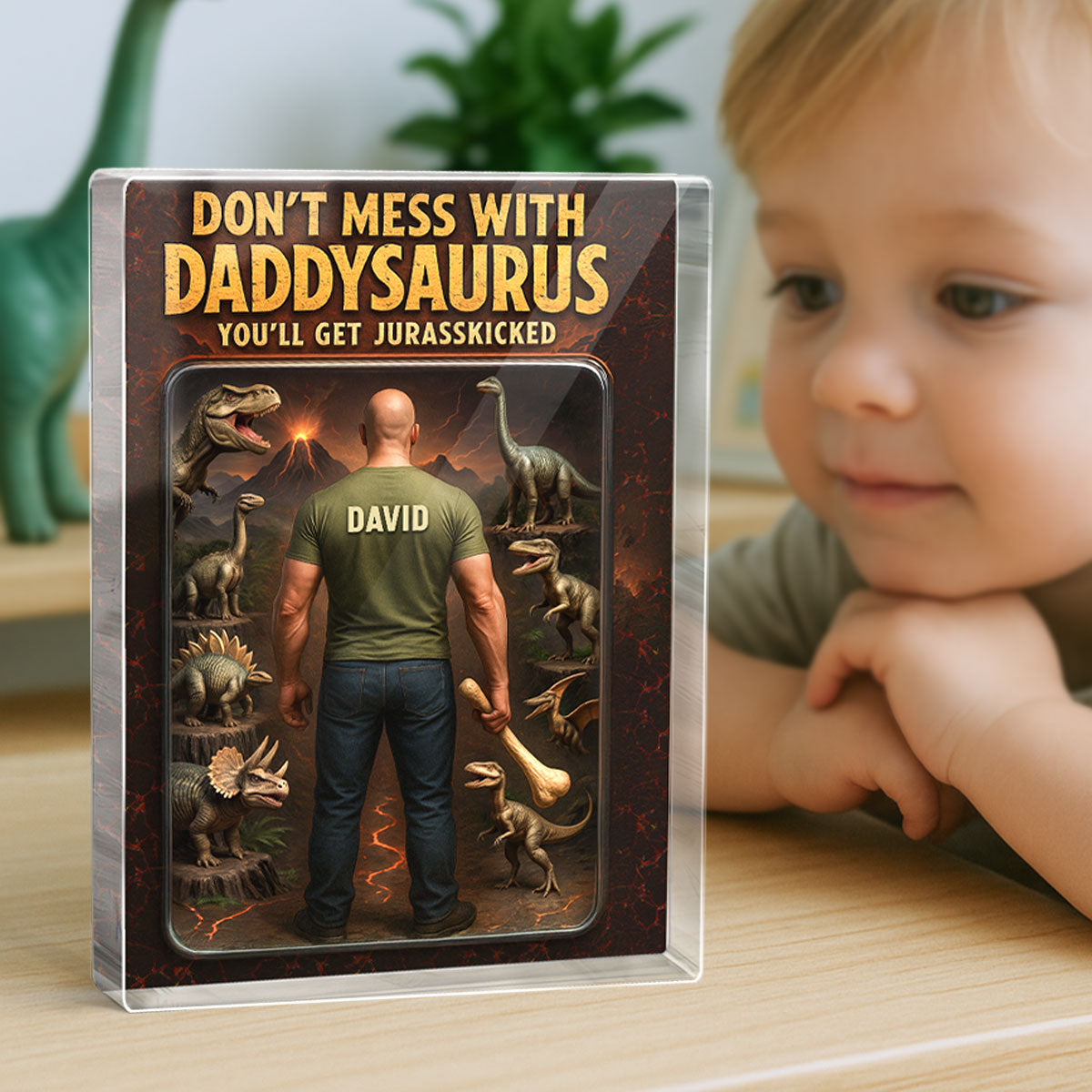3D Effect Don't Mess With Daddysaurus Custom Figure Personalized Flat Rectangle Acrylic Block, Gift For Dad