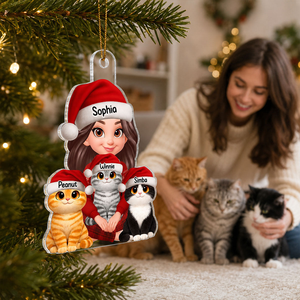 A Girl Sitting With Her Cats 2D Flat - Personalized Acrylic Ornament - Gift For Cat Lover, Gift For New Pet Owner