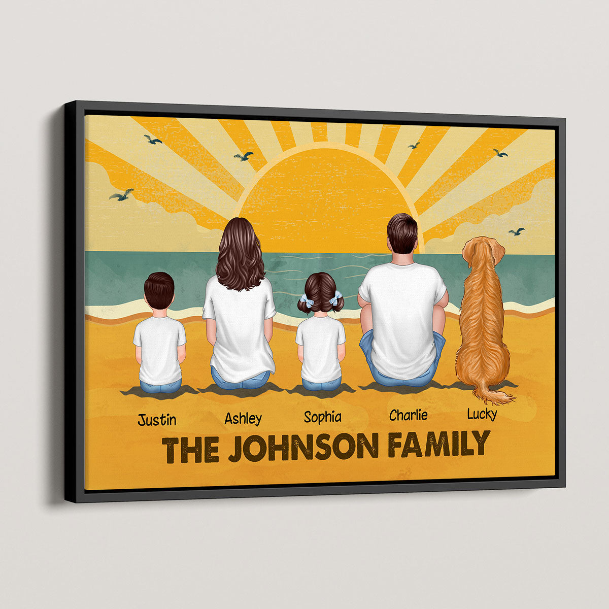 Family Sitting Summer Retro Beach Personalized Poster, Meaningful Father's Day Gift for Dad, Gift for Husband