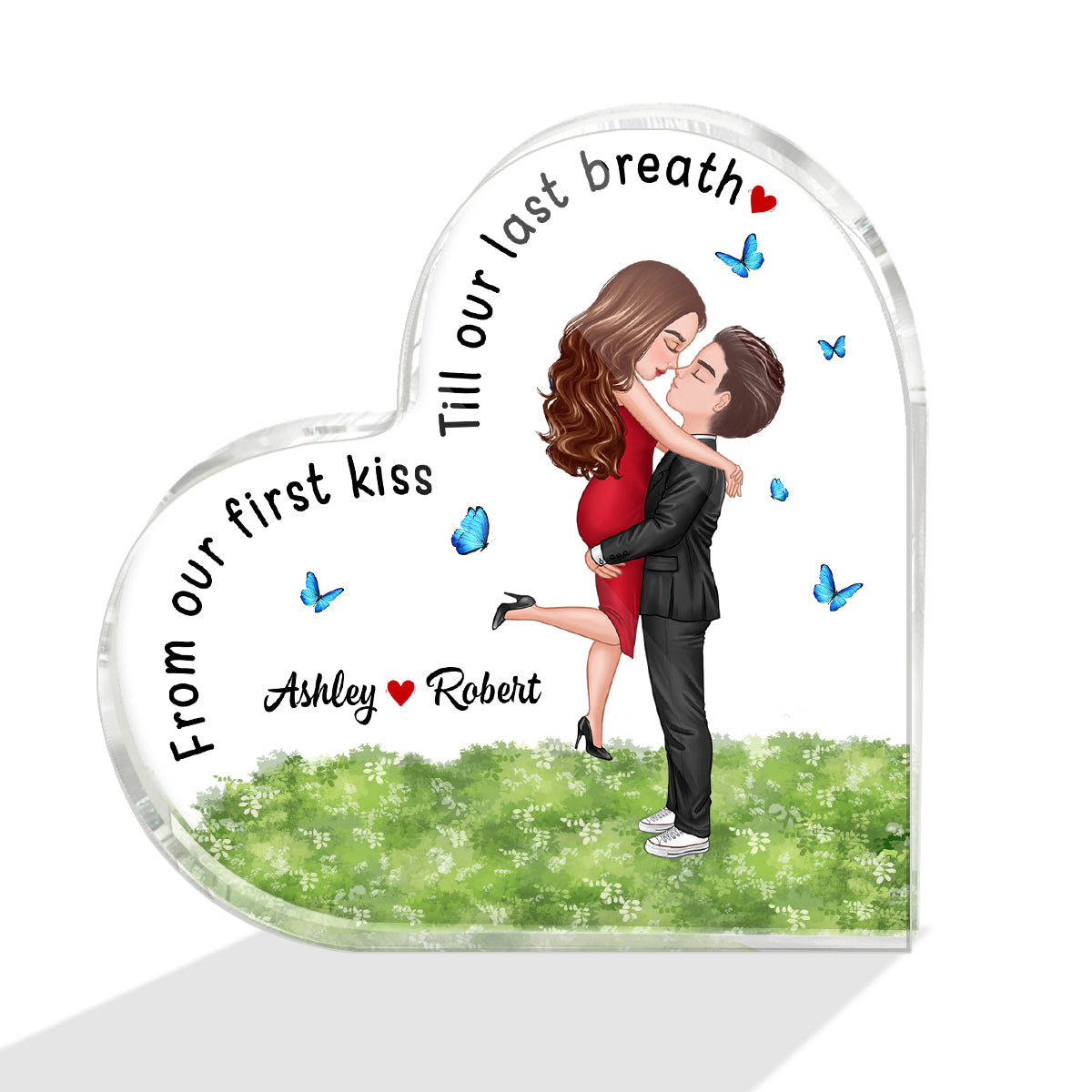 Our First Kiss Hugging Couple Personalized Acrylic Heart Plaque