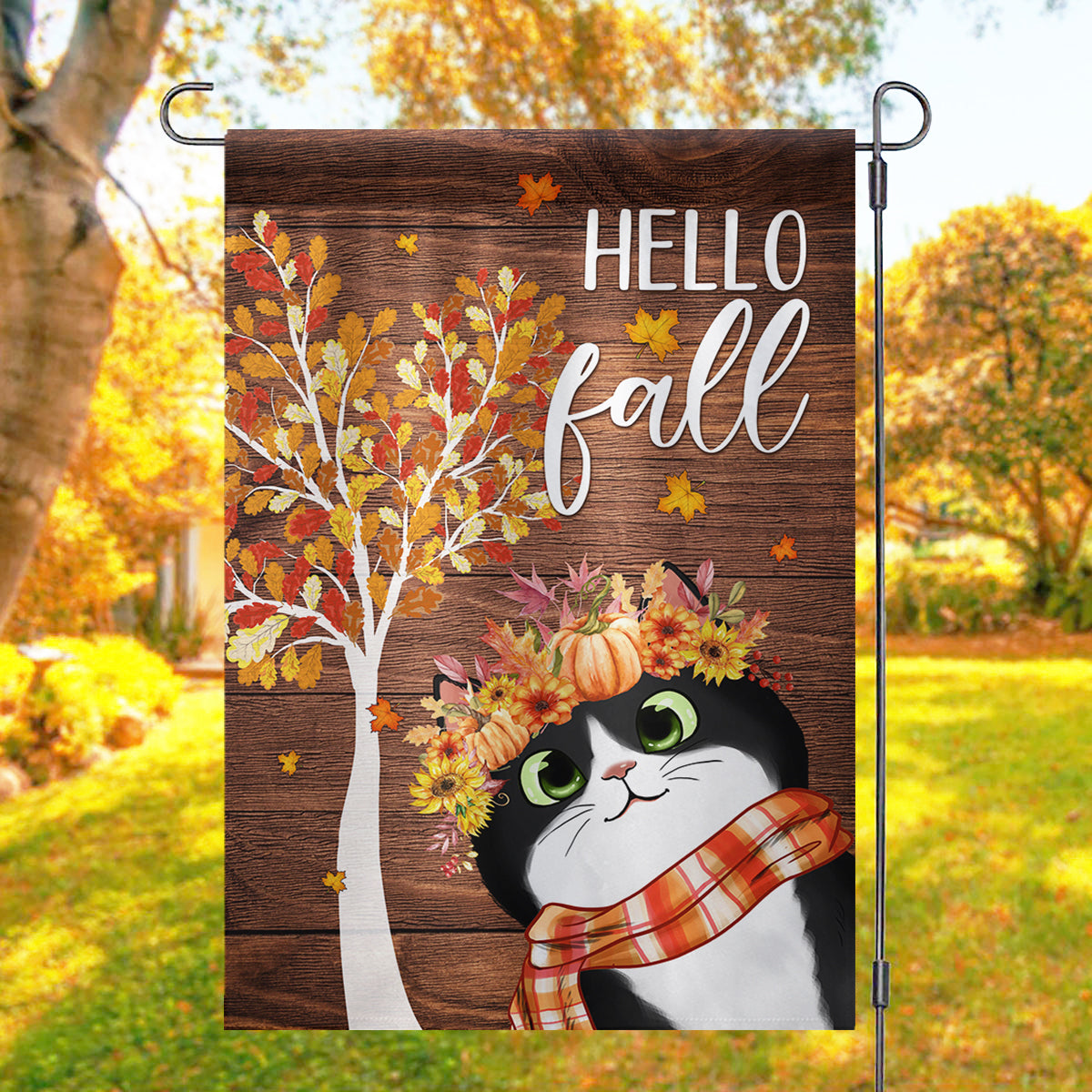 Hello Fall Cute Cats Personalized Garden Flag