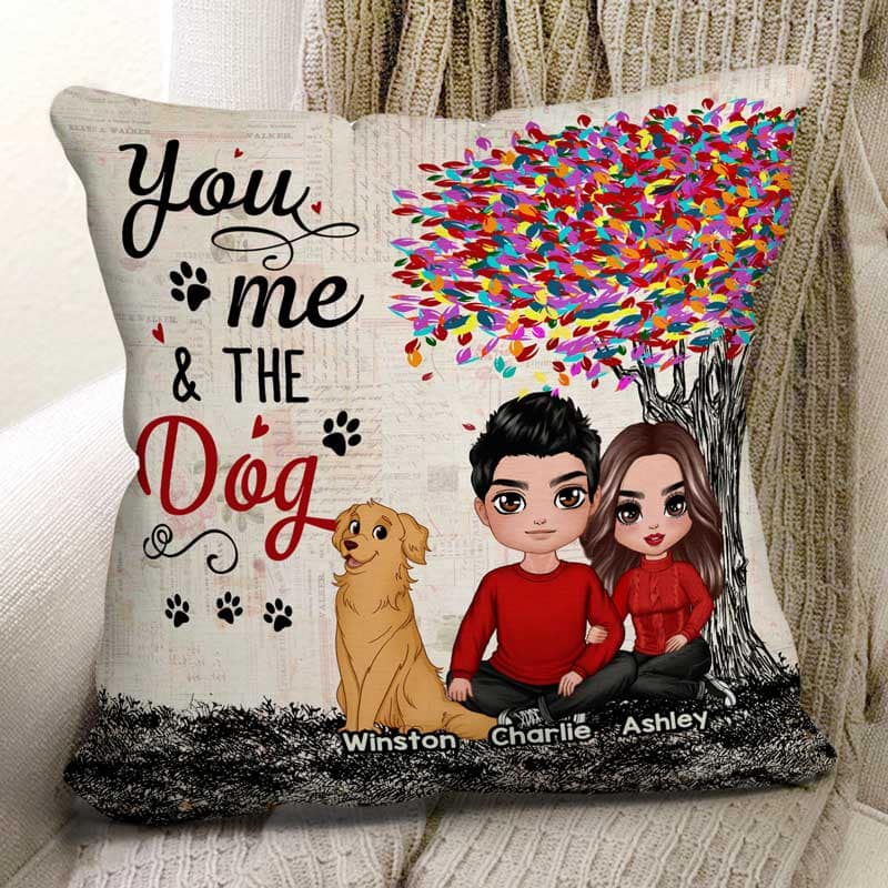 Embracing Couple With Dogs Under Colorful Tree Personalized Pillow (Insert Included)