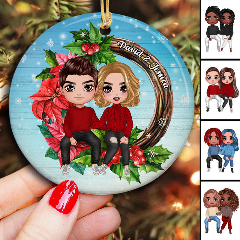 Couple Sitting On Christmas Wreath Personalized Circle Ornament