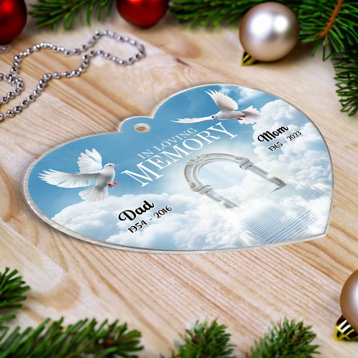 White Doves In Loving Memory Personalized Heart Shaped Acrylic Ornament