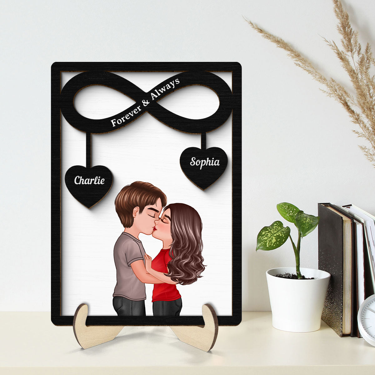 Couple Kissing Infinity Hearts Hanging Personalized 2-layer Wooden Plaque,  Gift For Him, For Her