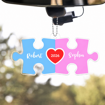 Love Is The Piece That Holds Us Together Acrylic Car Hanger, Personalize Couple Puzzle Name Sign,  Gift For Him, For Her, Wedding Gift