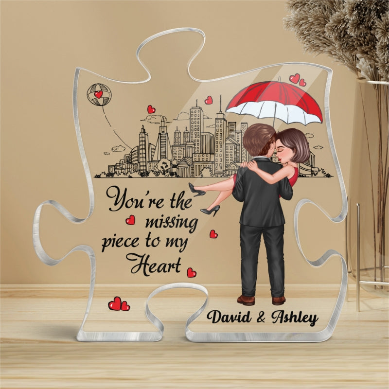 Embracing Hugging Doll Couple Outline Background Personalized Puzzle Acrylic Plaque