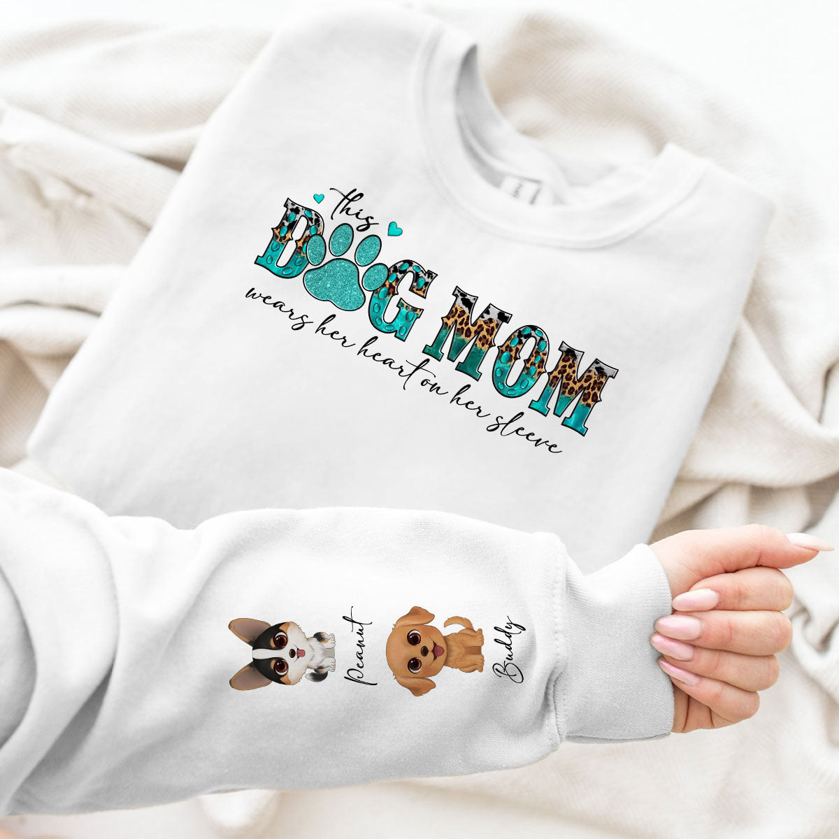 This Dog Mom Wears Her Heart On Her Sleeve, Gift For Dog Mom, Personalized Sleeve Printed Sweatshirt