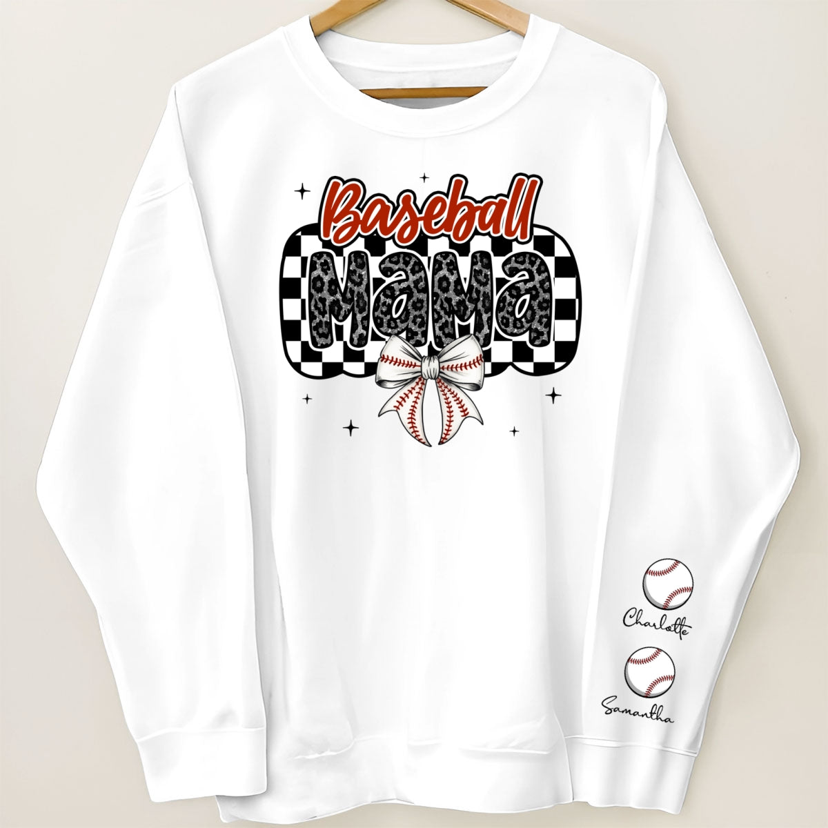 Retro Baseball Mom Coquette Bow Personalized Sleeve Printed Sweatshirt, Proud Baseball Mom Game Day Shirt, Gift For Baseball Mom