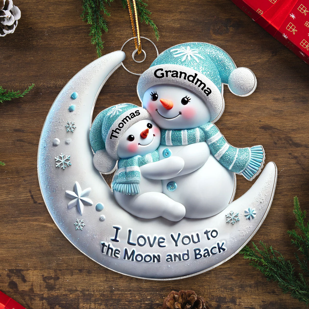 3D Effect Snowman Grandma & Hugging Grandkid On The Moon - Personalized Acrylic Ornament - Gift For Granddaughter, Grandson
