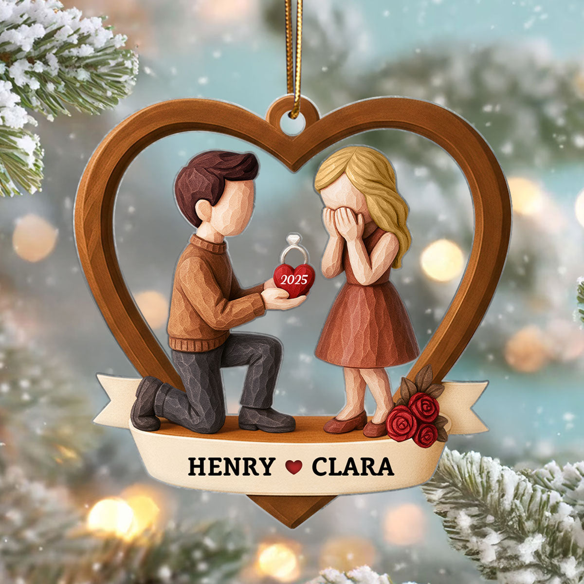Couple Marriage Proposal 3D Wooden Effect - Personalized Acrylic Ornament - Newly Engaged Gift, "She Said Yes!" Christmas Ornament