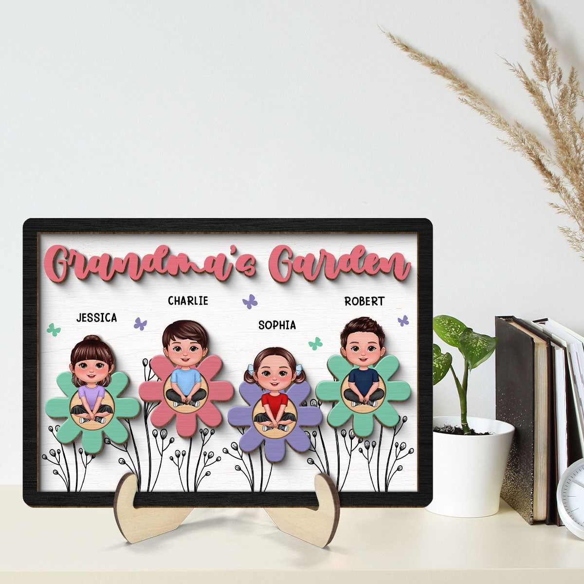 Grandma Mom Garden Crossed Legs Colorful Flowers Personalized 2-layer Wooden Plaque