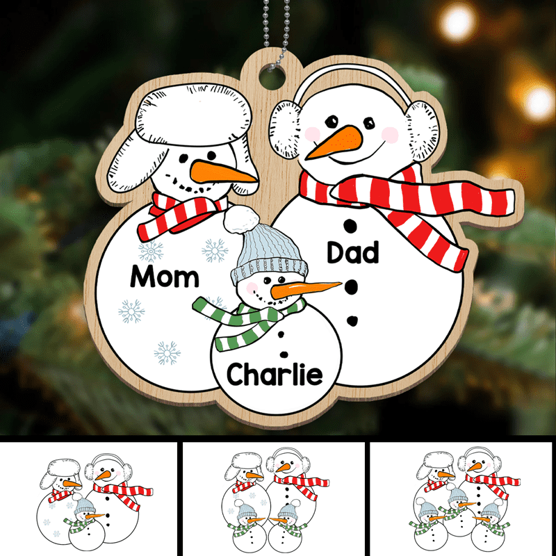 Grandparents Dad Mom Kids Snowman Personalized Wooden Ornament