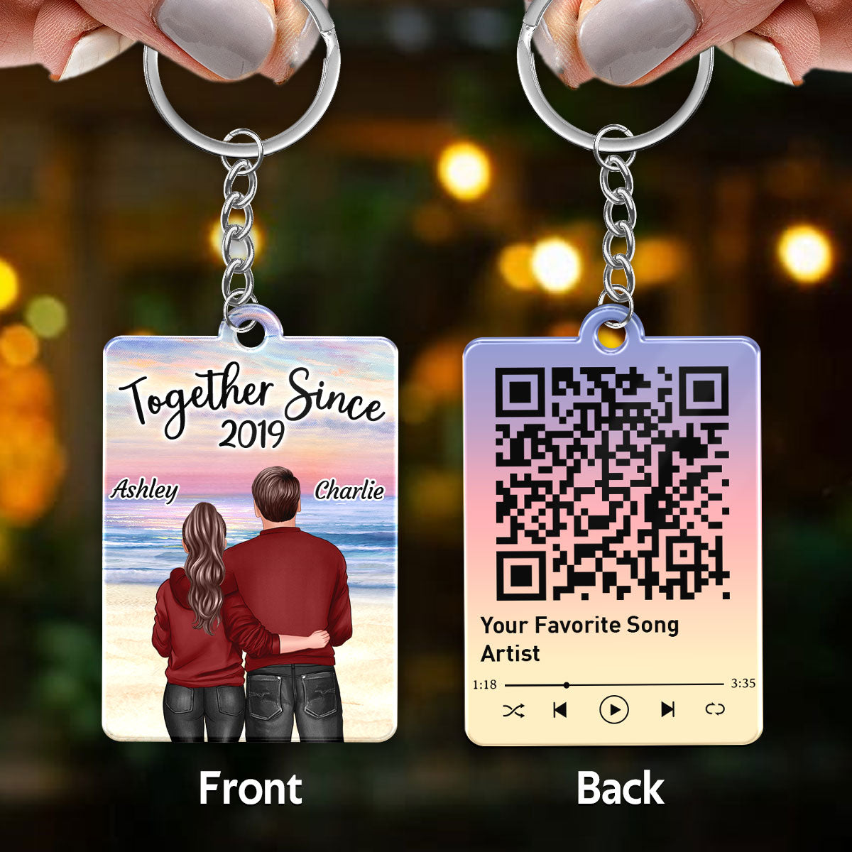 Back View Hugging Couple Standing At Beach Favorite Song QR Code Personalized Acrylic Keychain