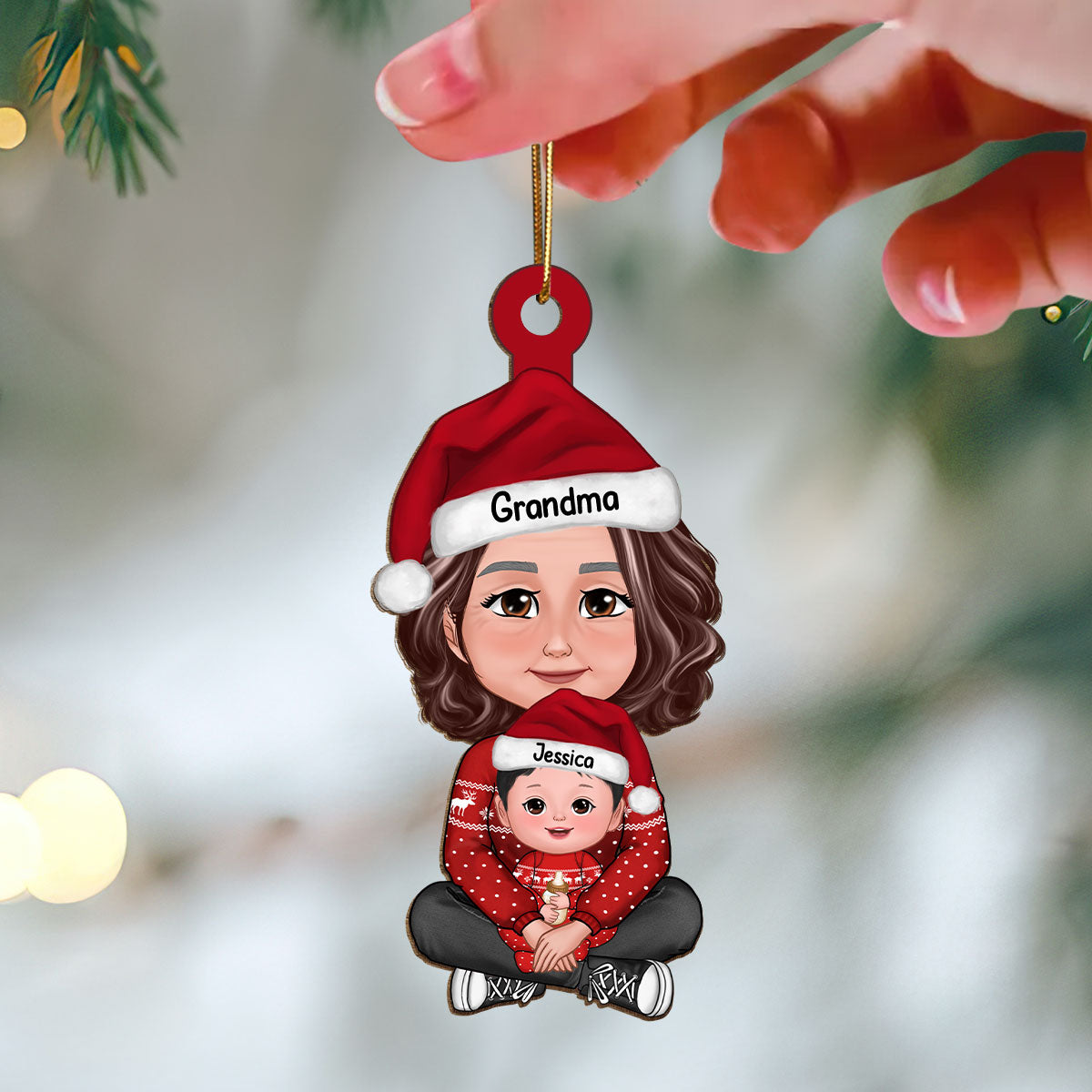 Cute Grandma Granddaughter Grandson Crossed Legs Personalized Wooden Ornament
