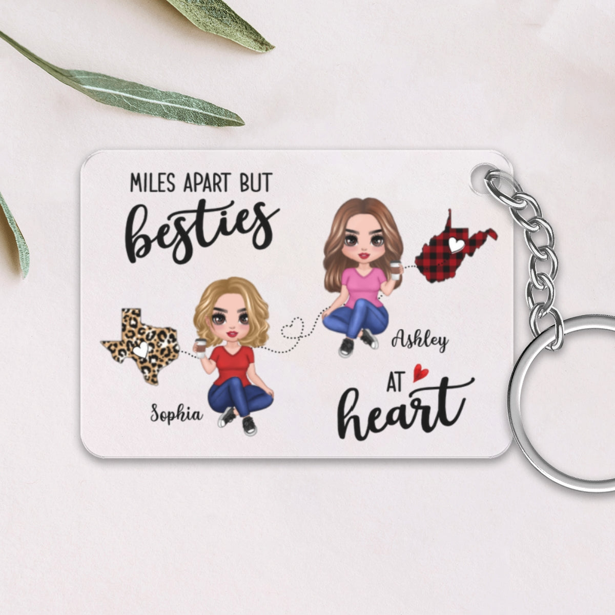 Doll Besties Sitting Miles Apart Besties At Heart Long Distance Personalized Acrylic Keychain - Gift For Best Friend