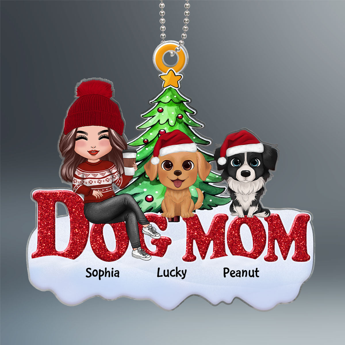 Funny Dogs Cartoon And Dog Mom Sitting On Word Personalized Acrylic Ornament