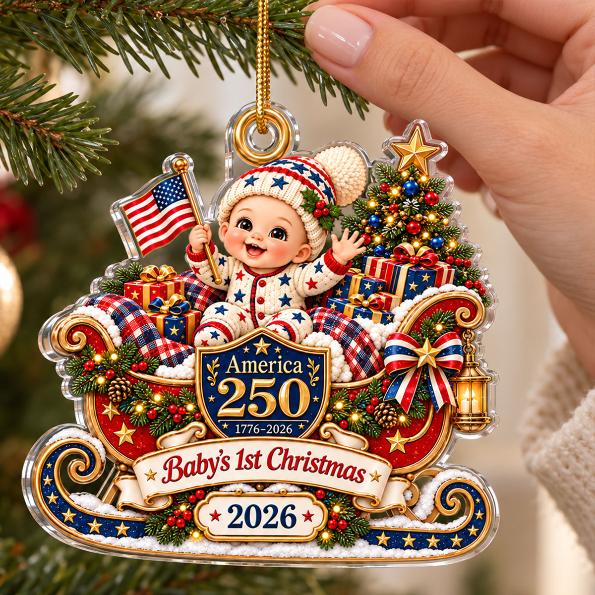 Baby On Sleigh Baby's First Christmas 2D Flat - Personalized Acrylic Ornament - 250th America 1776 - 2026 Anniversary, Patriotic Christmas Decor, Gifts for New Parents