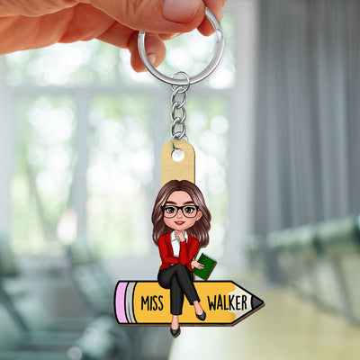 Doll Teacher Sitting On Pencil Personalized Wooden Keychain, Back To School Gift For Teacher