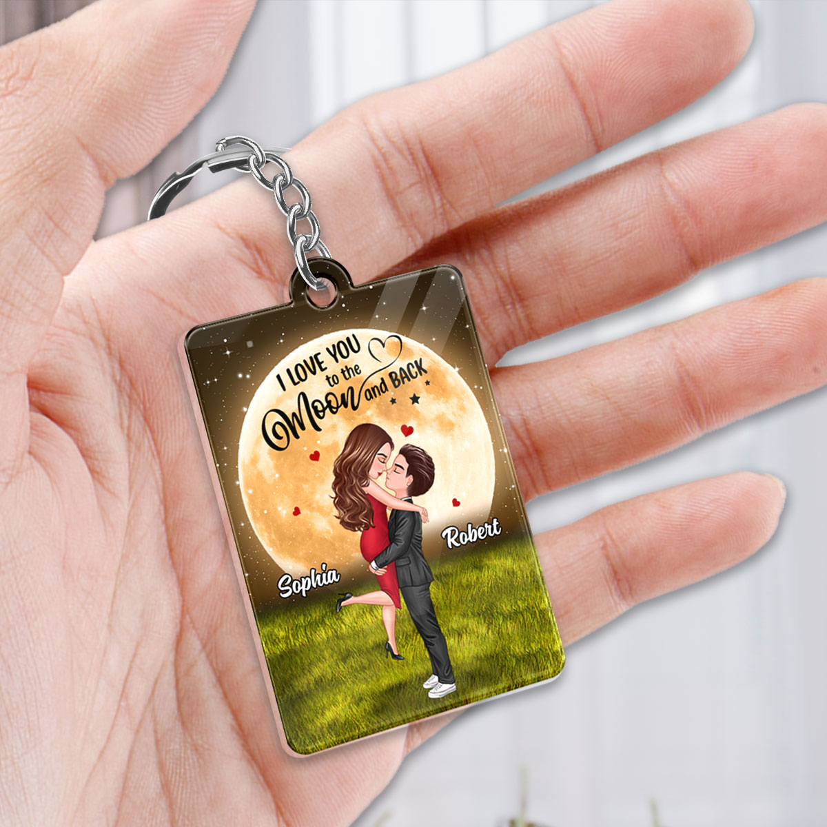 Big Moon Doll Couple Hugging Kissing Personalized Acrylic Keychain