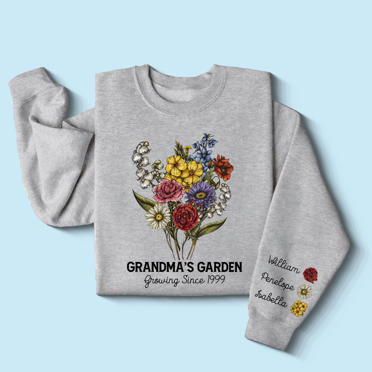 Grandma‘s Garden Beautiful Vintage Birth Month Flowers Bouquet Personalized Sleeve Printed Sweatshirt