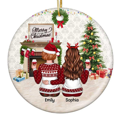 Besties Back View At Fireplace Personalized Circle Ornament