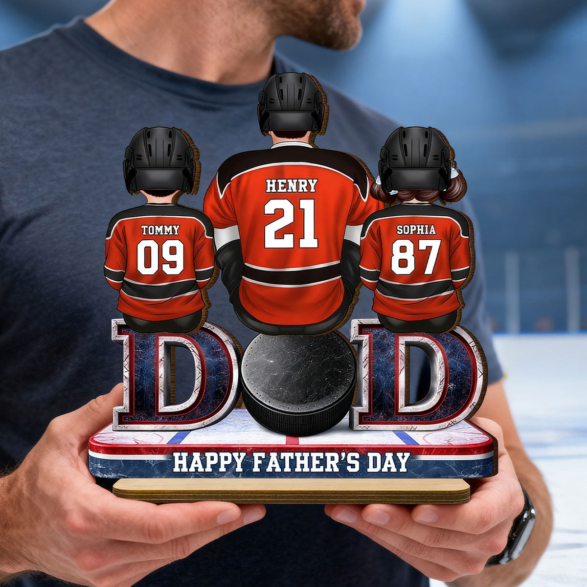 Hockey Dad And Kids Sitting Together - Personalized 2-Layered Wooden Plaque - Father's Day Gift, Gift For Hockey Dad, Gift For Husband
