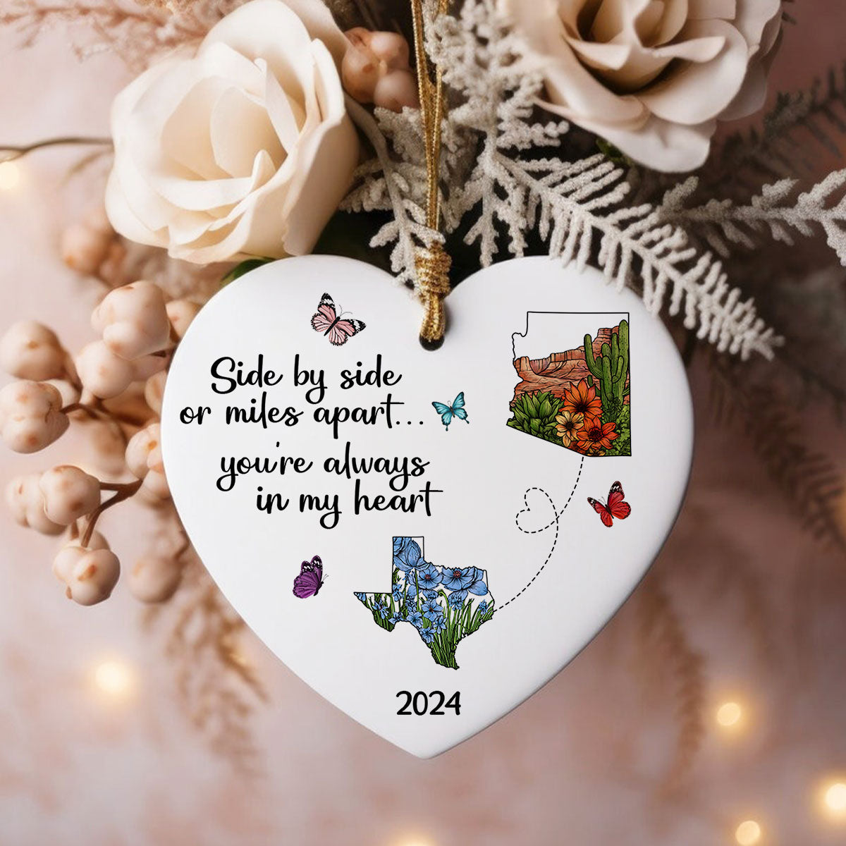 Miles Apart Long Distance Friendship Family Watercolor Wildflower State Map Personalized Ceramic Heart Ornament, Togetherness Keepsake