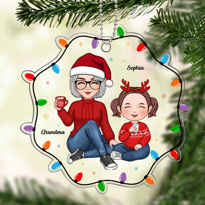 Cute Grandma Grandkid Sitting Inside Christmas Light String Personalized Acrylic Ornament