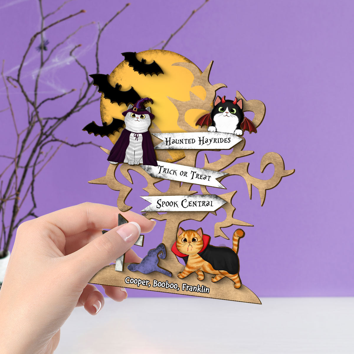 Halloween Cat Spooky Tree Personalized Wooden Standing Plaque, Halloween Decor For Cat Lovers