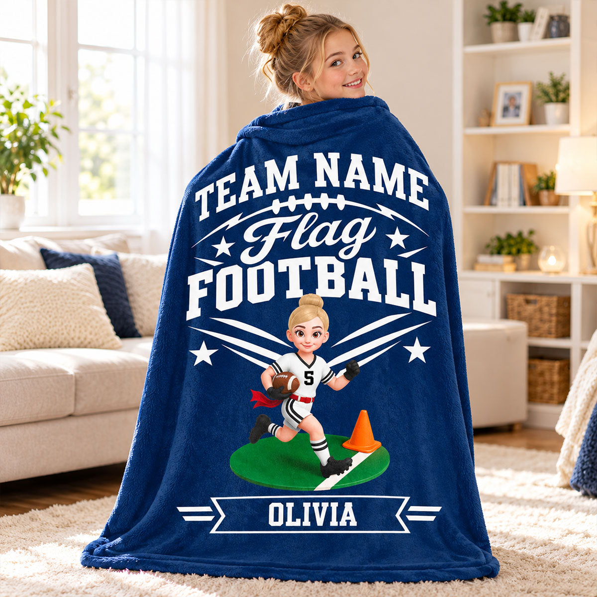 Flag Football Player Custom Name And Team Name - Personalized Fleece Blanket - Christmas Gift For Flag Football Players, Grandson, Son, Granddaughter, Daughter