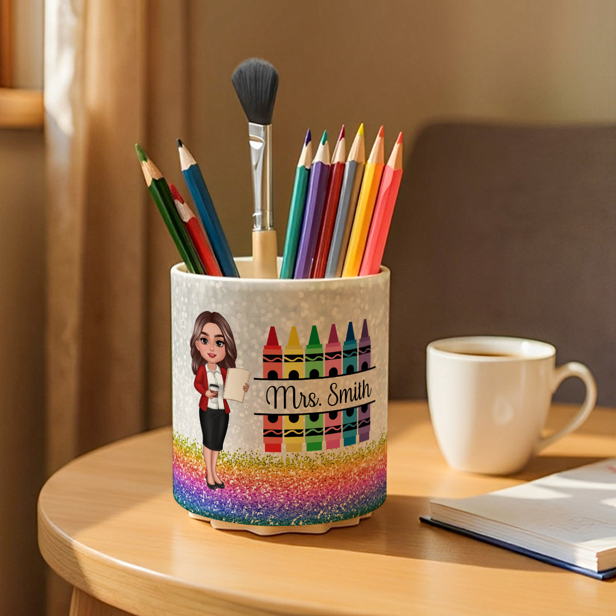 Teacher Crayon Glitter Texture Personalized Rotating Pen Holder, Teacher Appreciation Gift, Back To School Gift