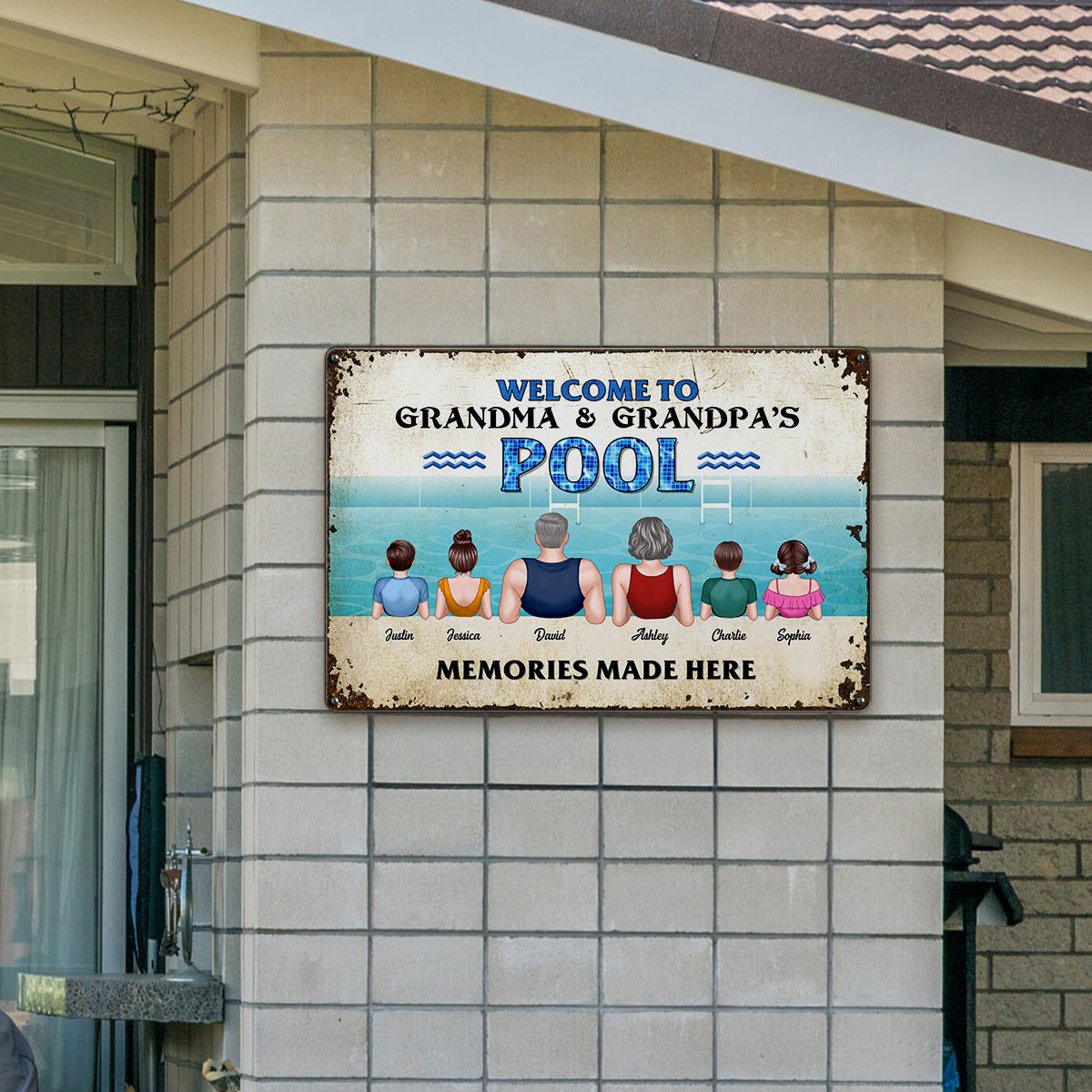 Grandparents Pool With Grandkids Personalized Metal Sign
