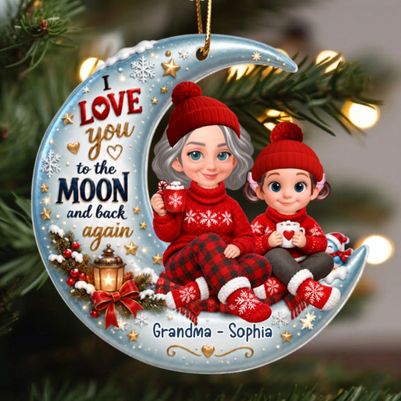 Cute Grandma Grandkids Sitting on Moon - Personalized Acrylic Ornament - Christmas Gift for Grandkids, Grandma