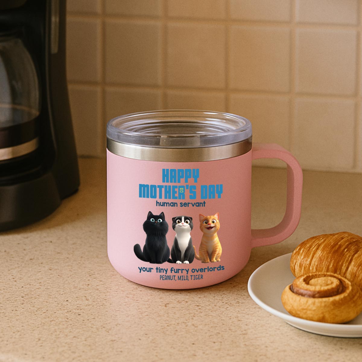 Happy Mother's Day Human Servant Personalized Stainless Steel Tumbler With Handle, Unique Gift for Cat Moms