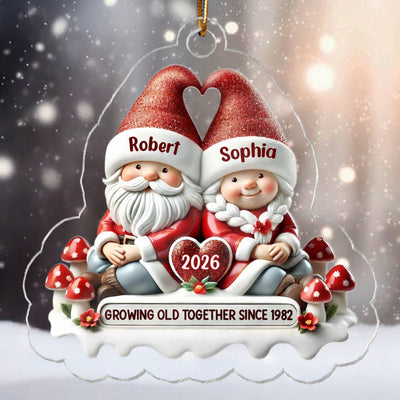 3D Effect Gnome Couple - Personalized Acrylic Ornament - Gift for Him, Gift for Her