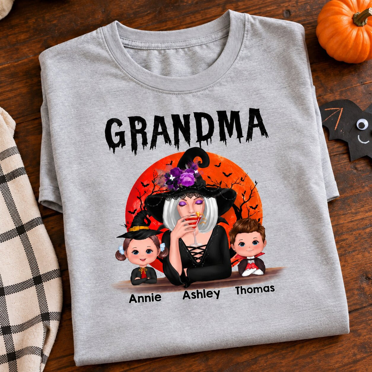 Halloween Moon Grandma Mom Witch With GrandKids Personalized Shirt