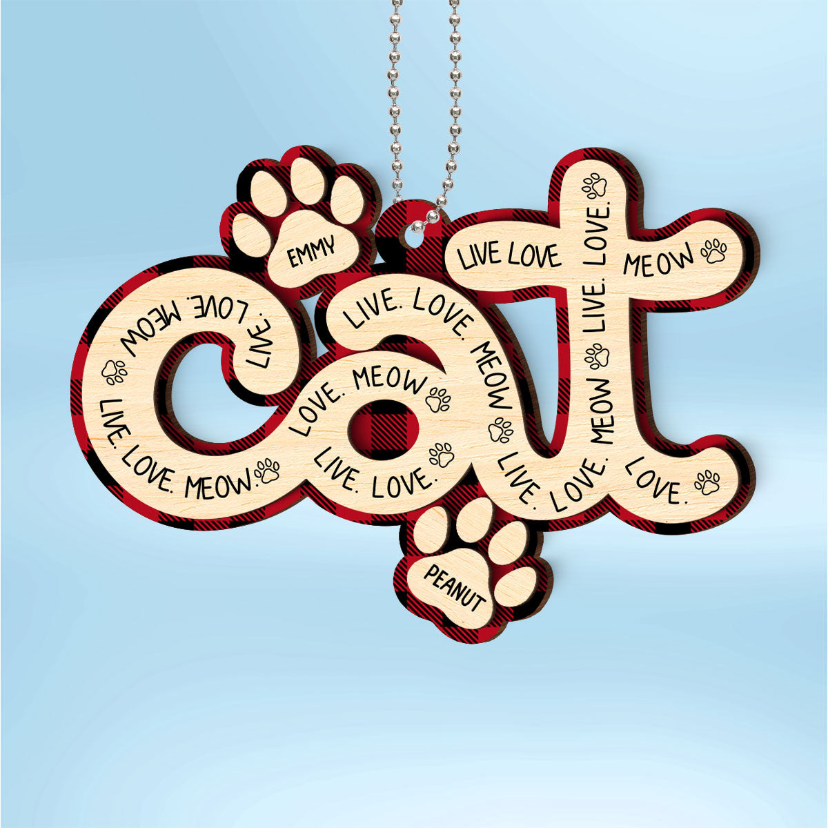 Cat Live Love Meow Paws Christmas Personalized 2-Layer Wooden Ornament, Christmas Gift for Cat Lovers