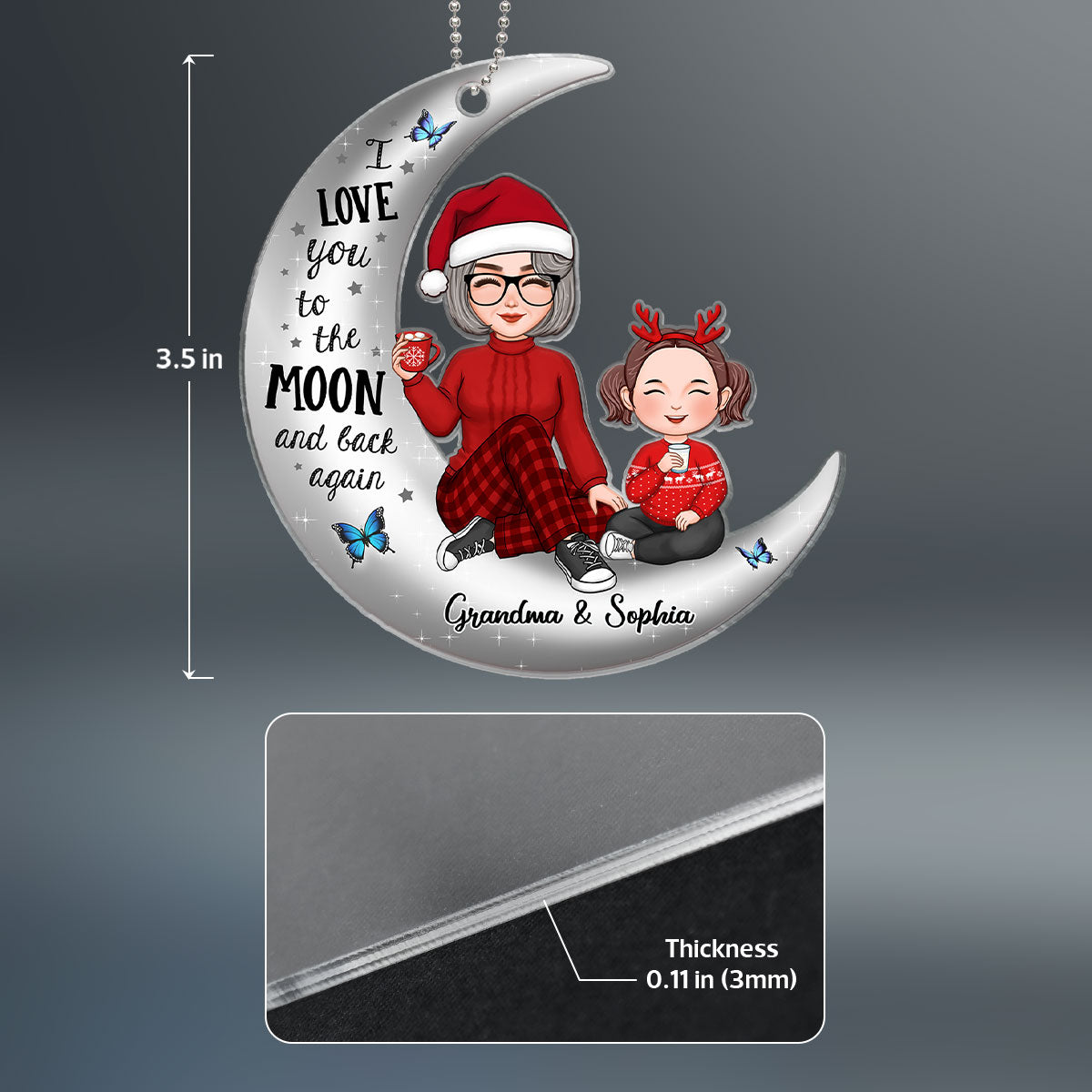 Cute Grandma & Grandkid On Silver Moon Christmas Gift For Granddaughter Grandson Personalized Acrylic Ornament