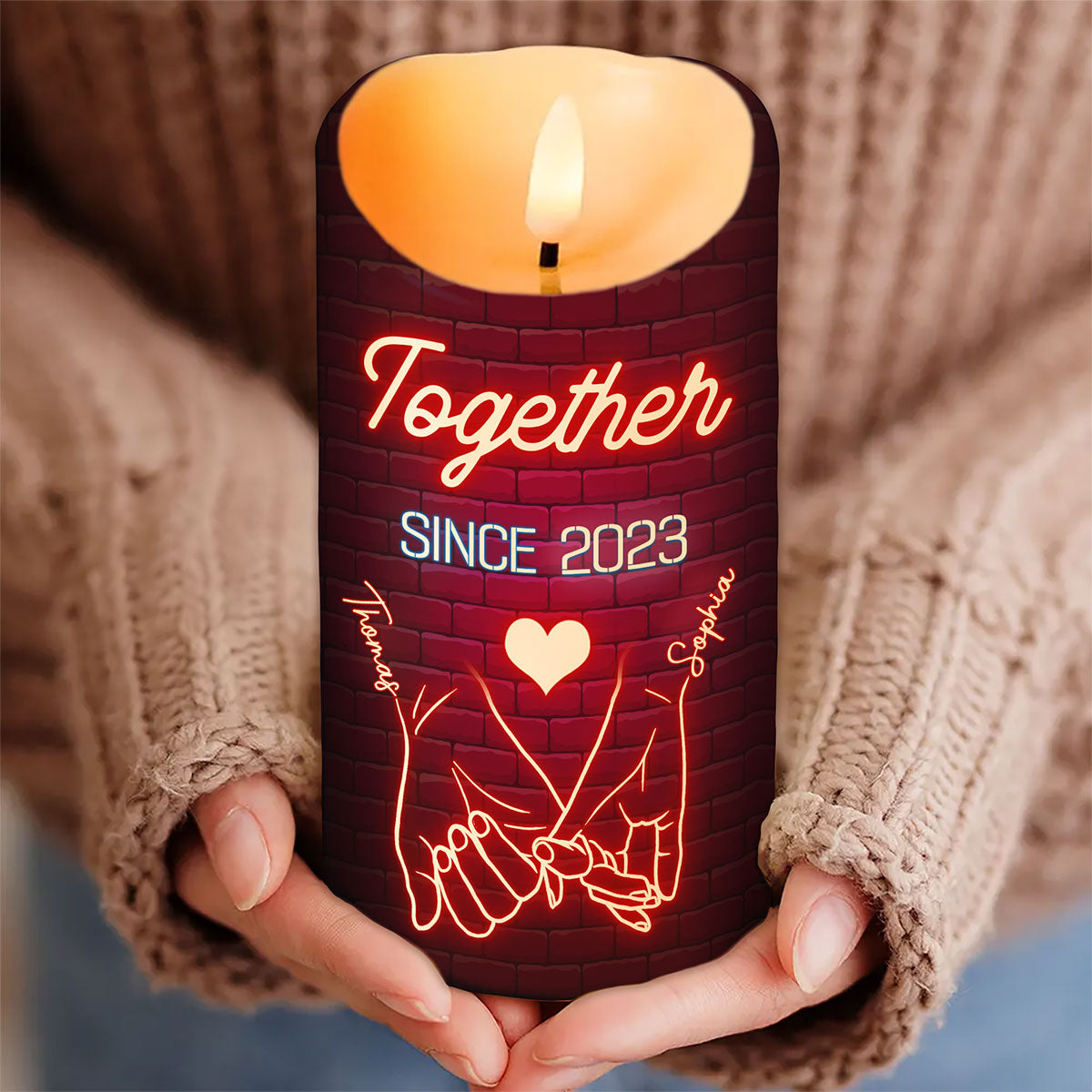 Couple Love Message Neon Light Theme Hand In Hand Outline Personalized LED Candle