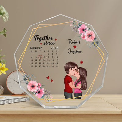 Floral Frame Doll Couple Kissing Calendar Personalized Acrylic Nonagon Plaque