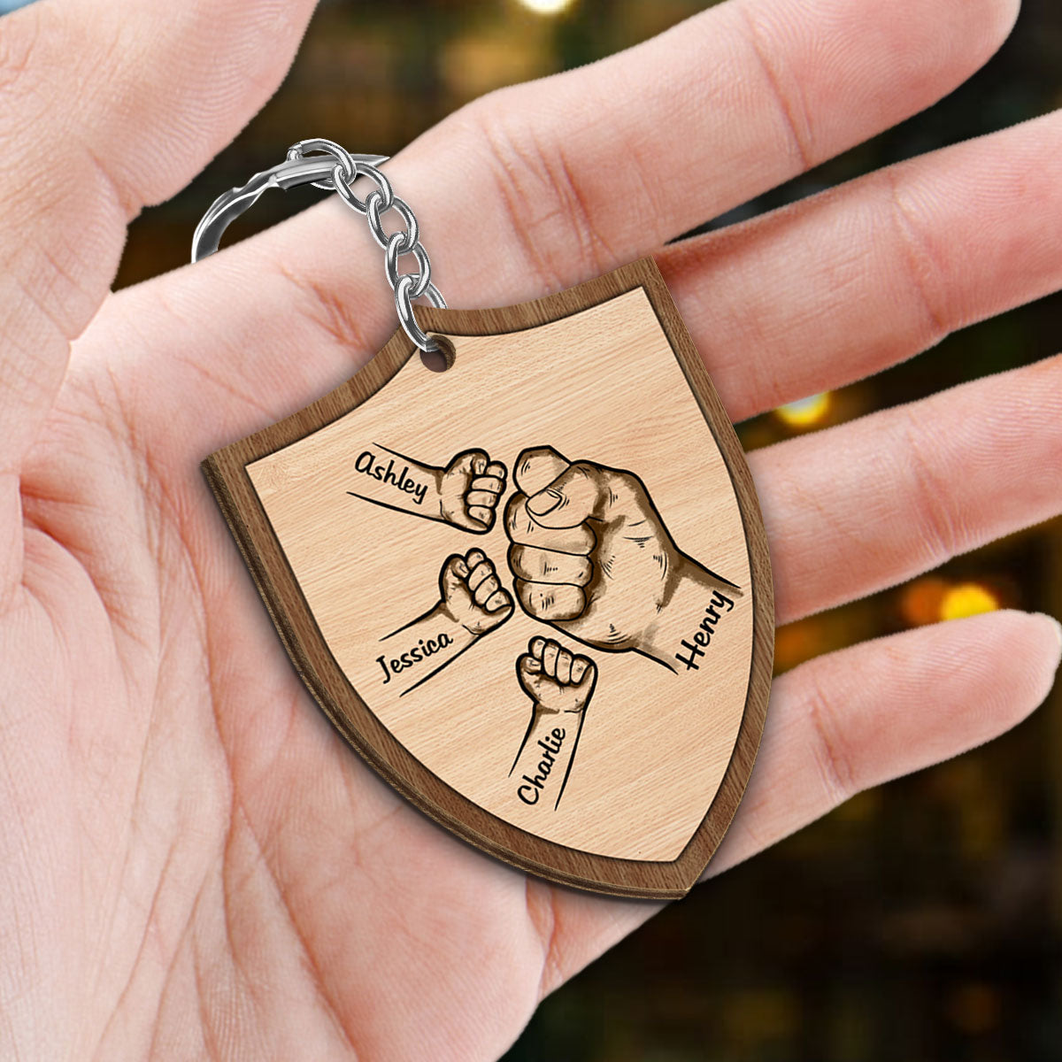 Dad Grandpa Kids Fist Bump Personalized Wooden Keychain