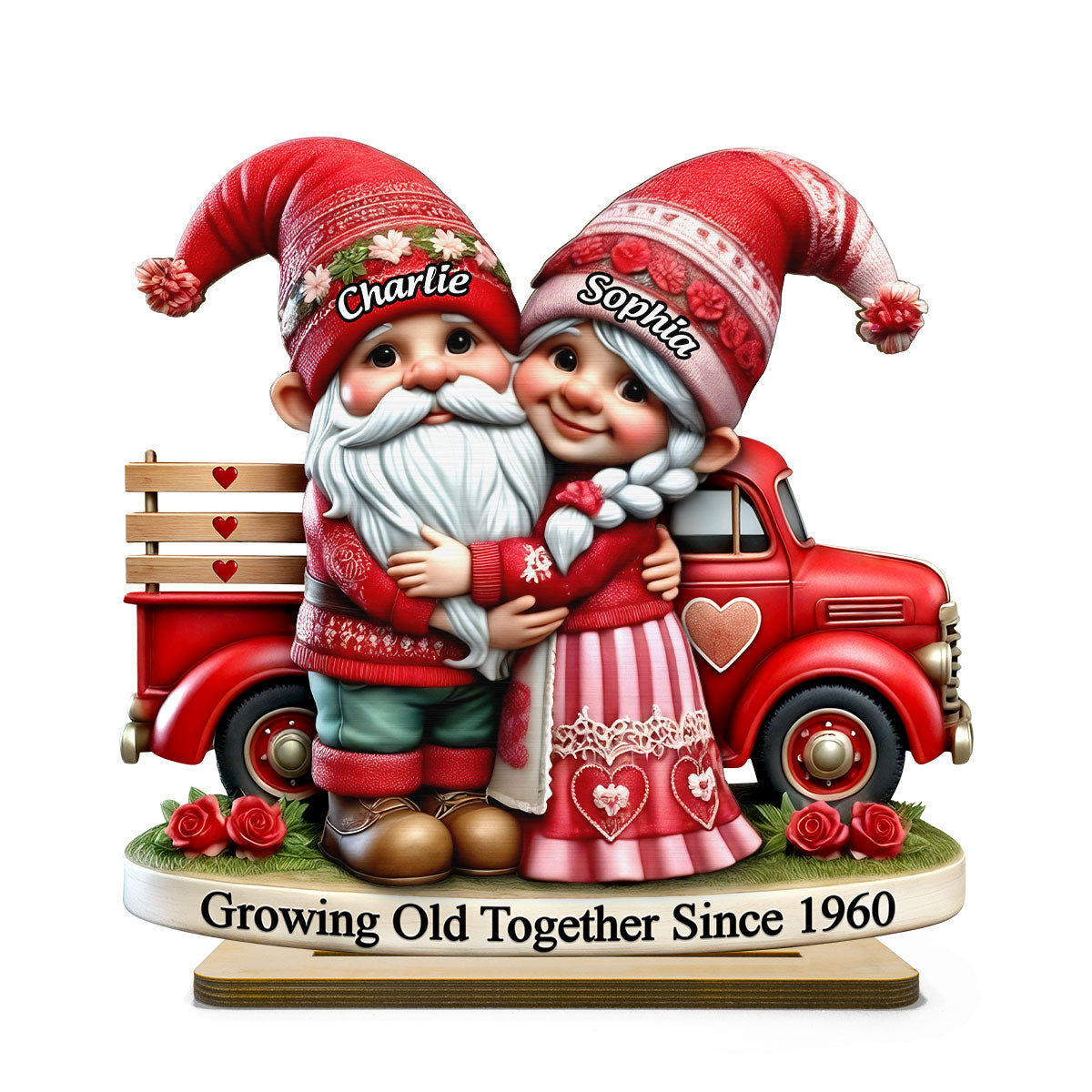 3D Effect Gnome Couple  Truck Personalized 2-Layer Standing Wooden Plaque, Heartfelt Gift For Her, For Wife
